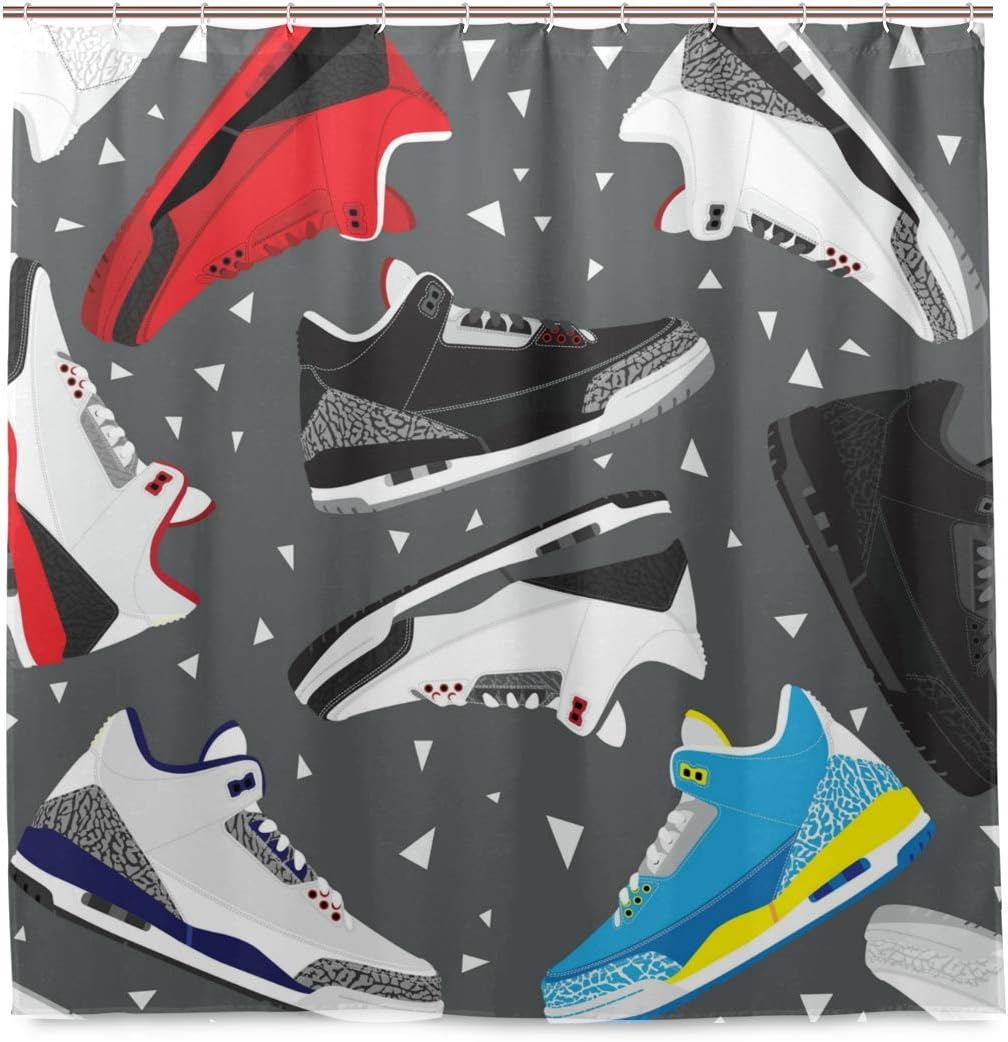 Amazon Com Oneluca Retro Basketball Shoes Sneakers Shower Curtain Waterproof Polyester Fabric Bath Curtian Bathroom Decor With 12 Hooks 72x72 Inch Home Kitchen