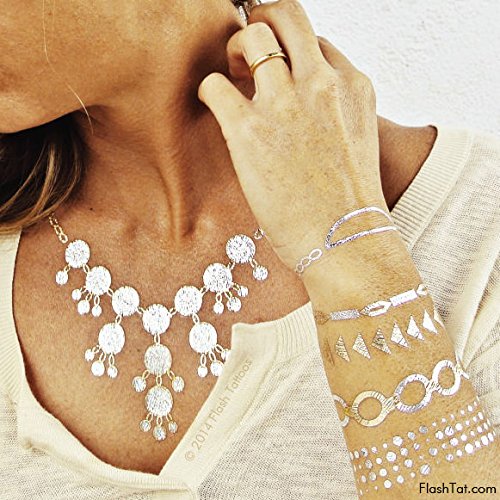 Flash Tattoos Lena Authentic Metallic Temporary Jewelry Tattoos 4 Sheet Pack (Metallic Gold/silver) Includes over 50 assorted premium modern waterproof tattoos