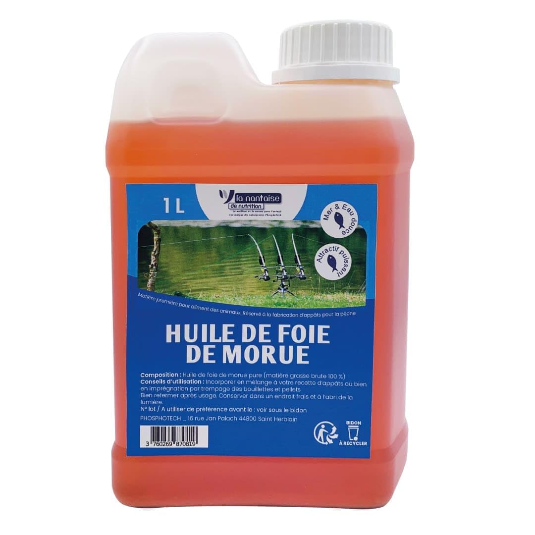 La Nantaise de Nutrition Cod Liver Oil 1 Litre for Baits, Boilies, Pellets and Primers Powerful Attractive for Sea or River Fishing Highly Odourful and Appetitive Oil