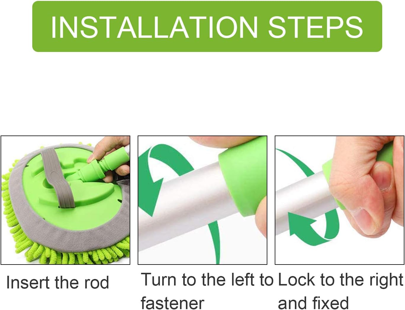 SUNPLAY 2 in 1 Car Wash Mop Mitt with Long Handle,Microfiber Car Wash Dust Brush Extension Pole 180 Degree,Scratch Cleaning Tool for Car,Truck,RV,3 Pcs Mop Heads (Green): Automotive