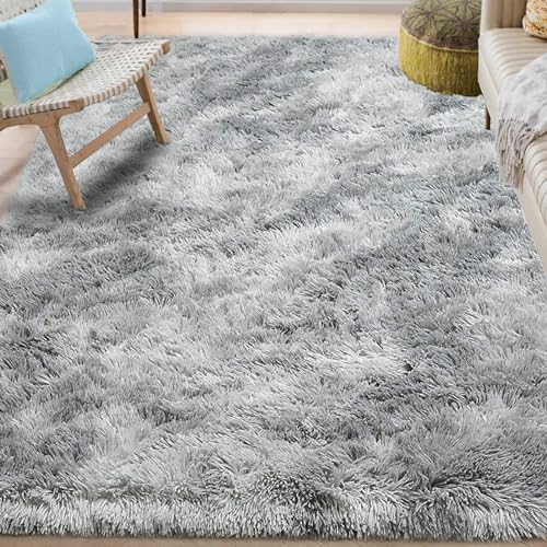 ASIinnsy Living Room Rug, Long Hair, Shaggy Modern Room Carpets, Large, Grey, Non-Slip, Soft, for Bedroom, Dining Room, Plush Rug (200 x 250 cm, Grey White)