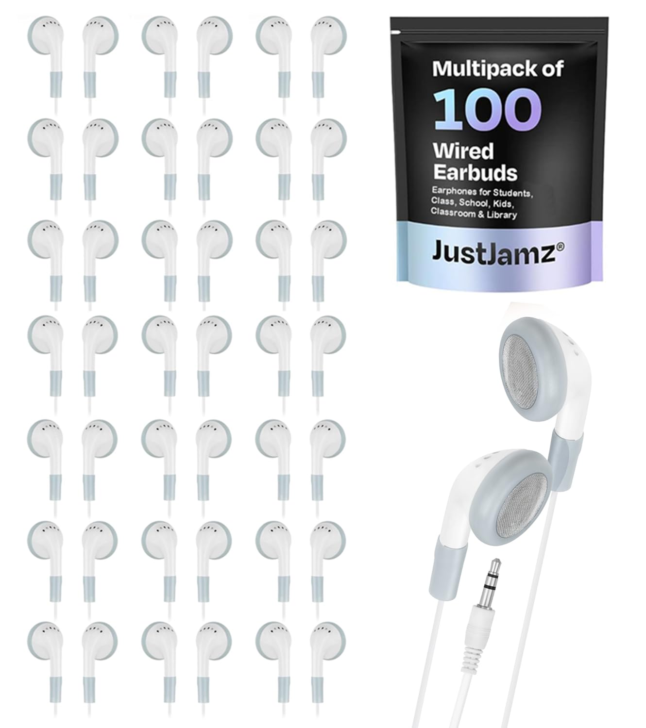 JustJamz Bulk Earbuds | Wholesale Pack of 100 Basic Simple White Earphones, Bulk Quality Headphones, Comfertable Headset, Disposable, Compatible with Smartphones and laptops