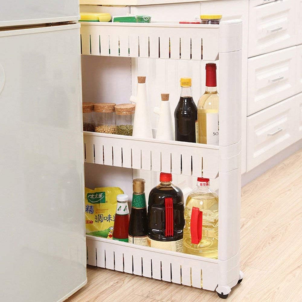 SHOPPERS STOP Slim Slide Out Trolley Rack with Wheel, Kitchen:Bedroom:Bathroom Storage Tower, White (3 Tier)
