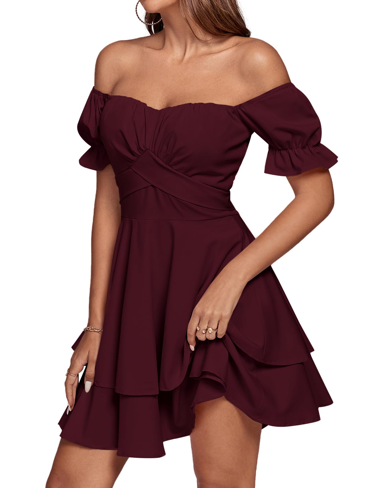 LYANER Women's Tie Back Off Shoulder Wrap Layer Ruffle Short Sleeve Mini Dress Wine Red Large - Image 4