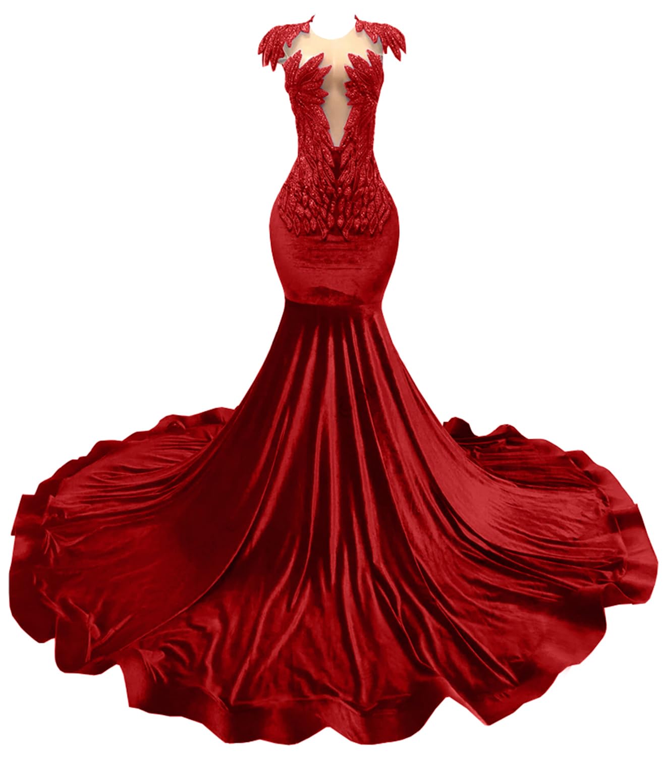 Photo 1 of Ikerenwedding Sparkly Prom Dresses Crystal Beaded Pageant Celebrity Gala Mermaid Velvet Evening Party Gown Red