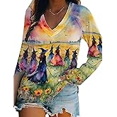VKEGNIO Midsummer Witches Gather Shirt for Women Halloween Witch Party Shirts Fall Long Sleeve Flowers Printed Pullover Tops