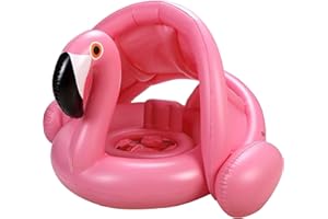 GBD Flamingo Baby Swimming Ring with UPF 50+ Canopy Back Holder & Wings Airbag Never Flip Over, Inflatable Baby Pool Float Sunshade for 8-36 Months Infant Toddler Beach Water Toys Summer Luau Party Favors