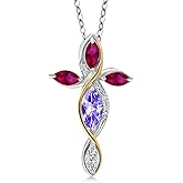Cross Necklace For Women In 925 Silver and 10K Yellow Gold with Tanzanite and Created Ruby and Lab Grown Diamond | 1.53 Cttw | Jesus Christian Religious Crucifix | Marquise 8X4MM | With 18 Inch Chain