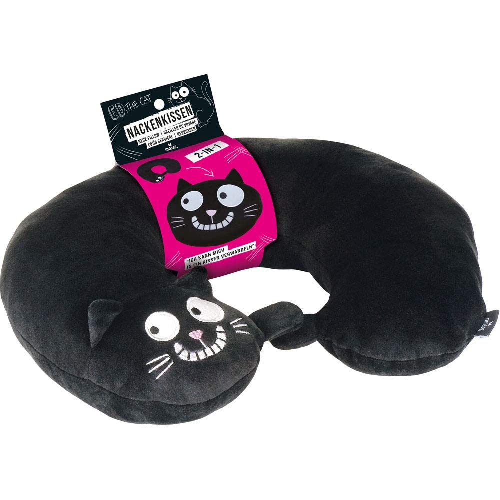 moses. Ed, The Cat Nackenkissen | 2-in-1 Nackenhörnchen und Kopfkissen für Reisen in Katzen-Form Travel Pillow, 28 cm, Black (Schwarz)