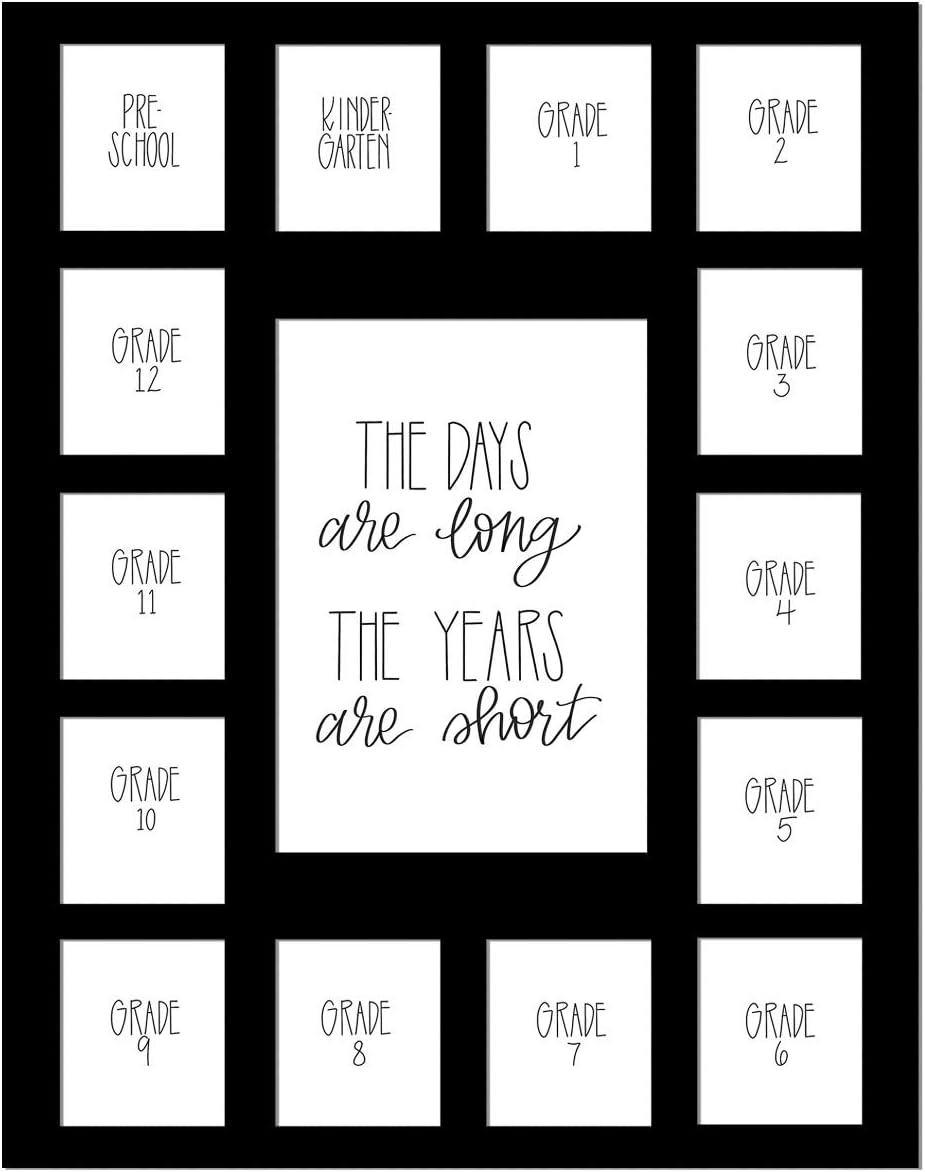 Photo Albums, Frames & Accessories - School Days Picture Mat with Multiple Openings–School Years Photo Collage – The Days Are Long Picture Mat – No Frame - 1 Pre-School & Kindergarten to 12th Grade (15 Photos, 1PreK-12th, Black)