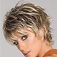 SEVENCOLORS Short Blonde Wigs for White Women Synthetic Mixed Blonde Wigs with Brown Roots Natural Hair Pixie Cut Wig for Women