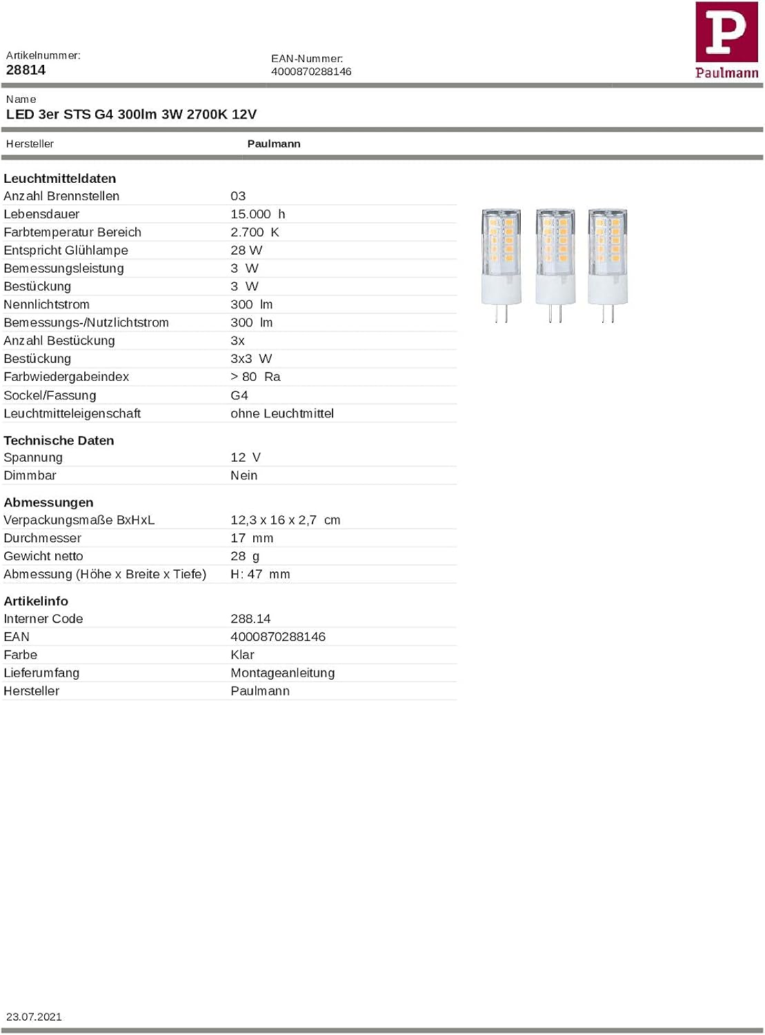 Paulmann 28814 LED lamp pin Base 300lm 3x3 watts Lighting Clear Bulbs 2700 K G4 - Image 3