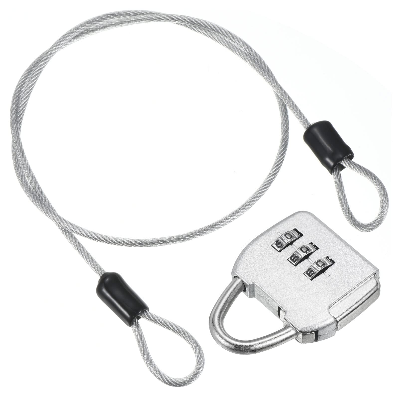 PATIKIL Security Steel Cable with 3 Digit Combination Lock, Travel Padlock 1.6Ft Coated Safety Wire Rope Double Loop for Luggage Suitcase Silver