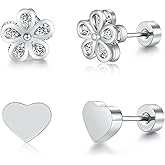 2 Pairs Silver Stud Earrings, Small Cubic Zirconia Earrings for Women, Screw Back Earrings, Cute Hypoallergenic Heart Flower Stud Earrings