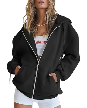 EFAN Women's Drawstring Zip Up Cute Oversized Fleece Hoodies with Pockets on Amazon