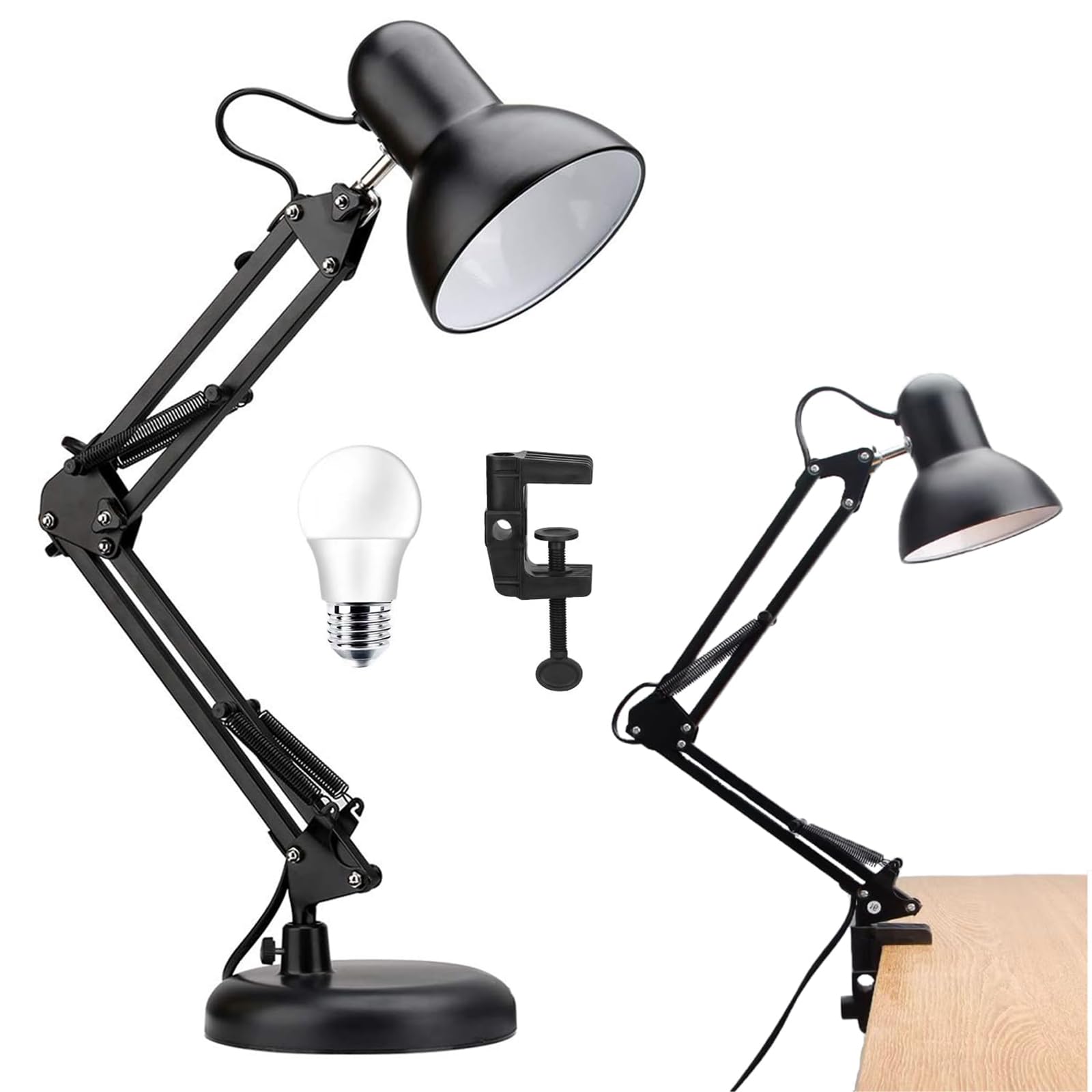 Motowolf Swing Arm Desk Lamp with Clamp, Adjustable Flexible Gooseneck Metal Table Lamp for Home Office, Work, Study, Reading, E27 Bulb Included, Multi-Joint, Black