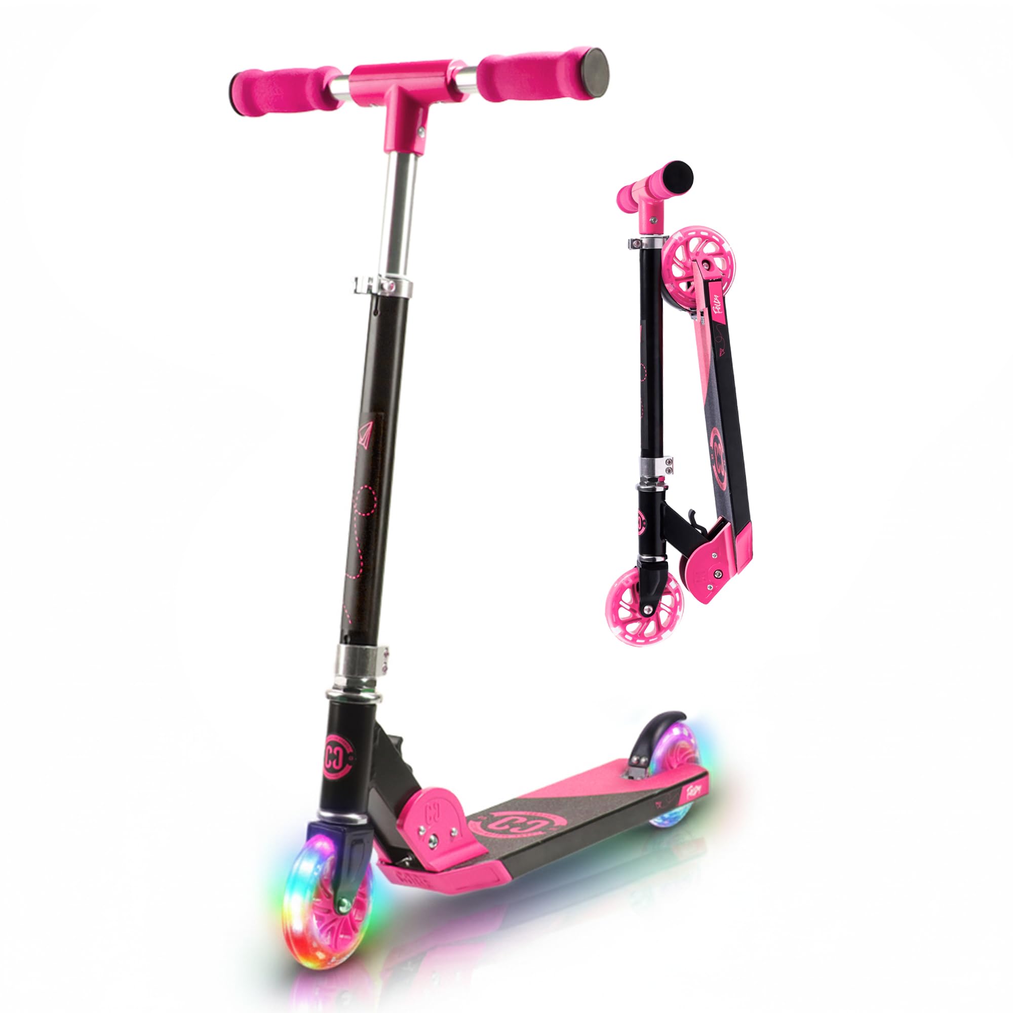 Kick Scooter for Kids Ages 6-12 - CORE Foldy Kids Scooter, 2 Wheel Light-Up LED, Easy Folding, 3 Adjustable Height Handlebar, Pro Deck for Boys & Girls, 4 Colors (Pink)