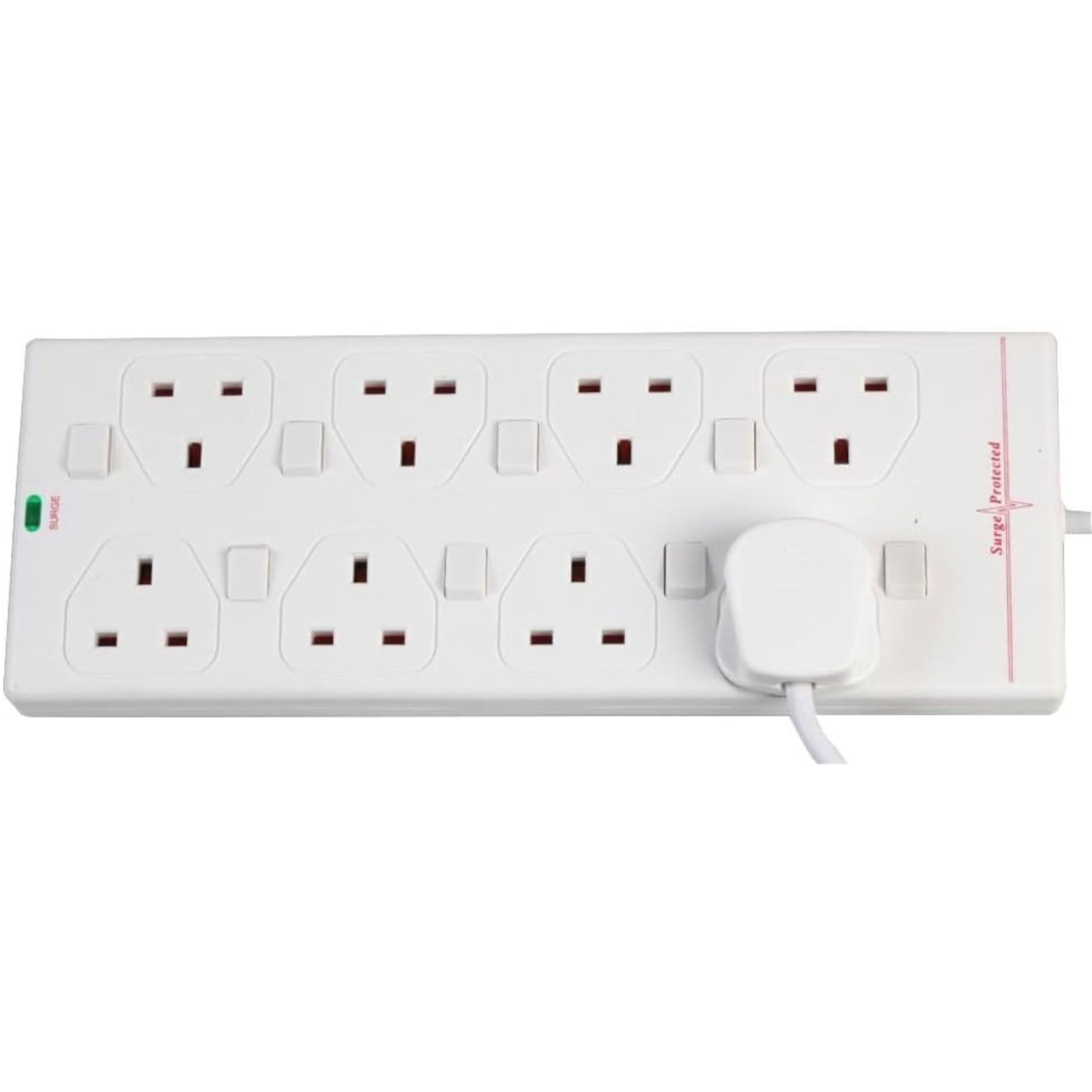 ShaniTech 8 Gang Extension Lead 2M Cable – Surge Protected Power Strip with Individually Switched Sockets, Overload Protection, UK 3-Pin Plug, 8 Way Extension Cable – White