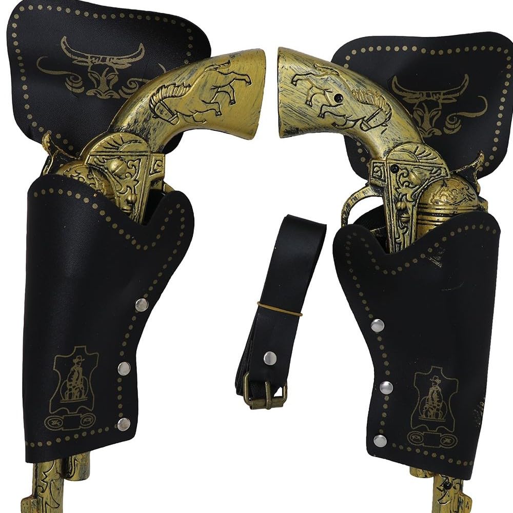 Fiestas Guirca Double Holster cowboy with bronze-colored plastic guns