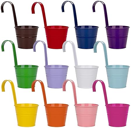 Ezzu Crafts Set of 12 Rail Planter, Balcony Planters Railing Hanging Flower Pots with Detachable Hook, Iron Fence Bucket Outdoor Flower Pot for Patio Fence Deck Balcony Garden Color Multi