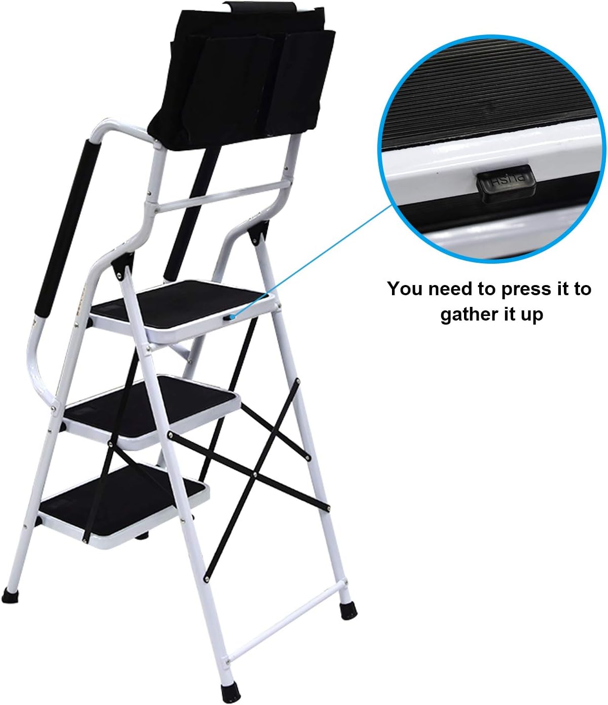 charaHOME 3 Step Ladder Step Stool 500 lb Capacity Folding Portable Ladder Steel Frame with Safety Side Handrails Non-Slip Wide Pedal Kitchen and Home Stepladder with Attachable Tool Bag - - 