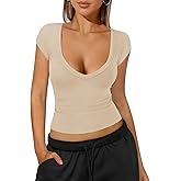 NEJXQ Womens Deep V Neck T Shirts for Women Ribbed Knit Slim Short Cap Sleeve Tee Casual Backless Workout Going Out Tops