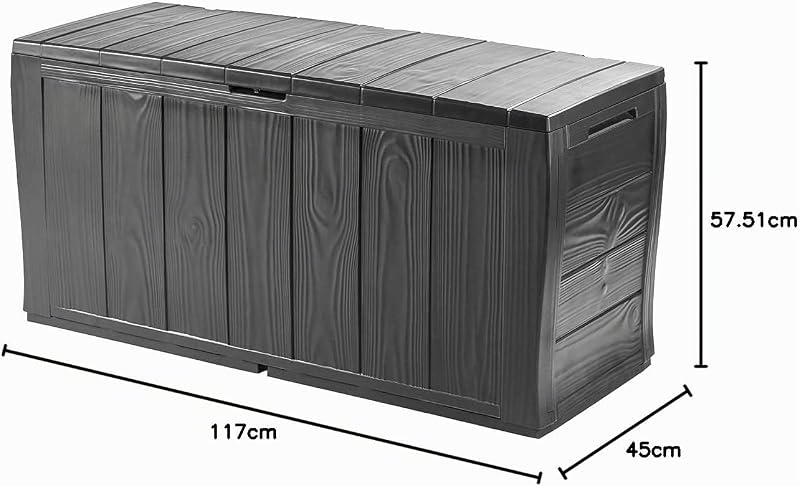 Bagageira de resina com painéis de efeito madeira, com rodas, com fechadura, 117 x 45 x 57,5 cm, 270 Lt, Cinzento Grafite