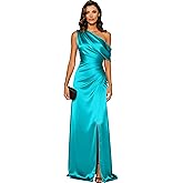 One Shoulder Satin Bridesmaid Dresses with Slit Long Mermaid Prom Dress Off Shoulder Pleated Formal Evening Gowns