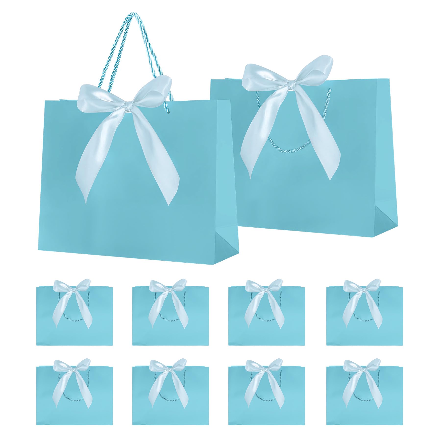 10 Pcs Gift Bags, Medium Gift Bag for Presents, Birthday Gift Bag with Bow Ribbon, Paper Party Bags with Handles for Weddings, Birthdays, Parties, Valentine's Day and Christmas (Blue)