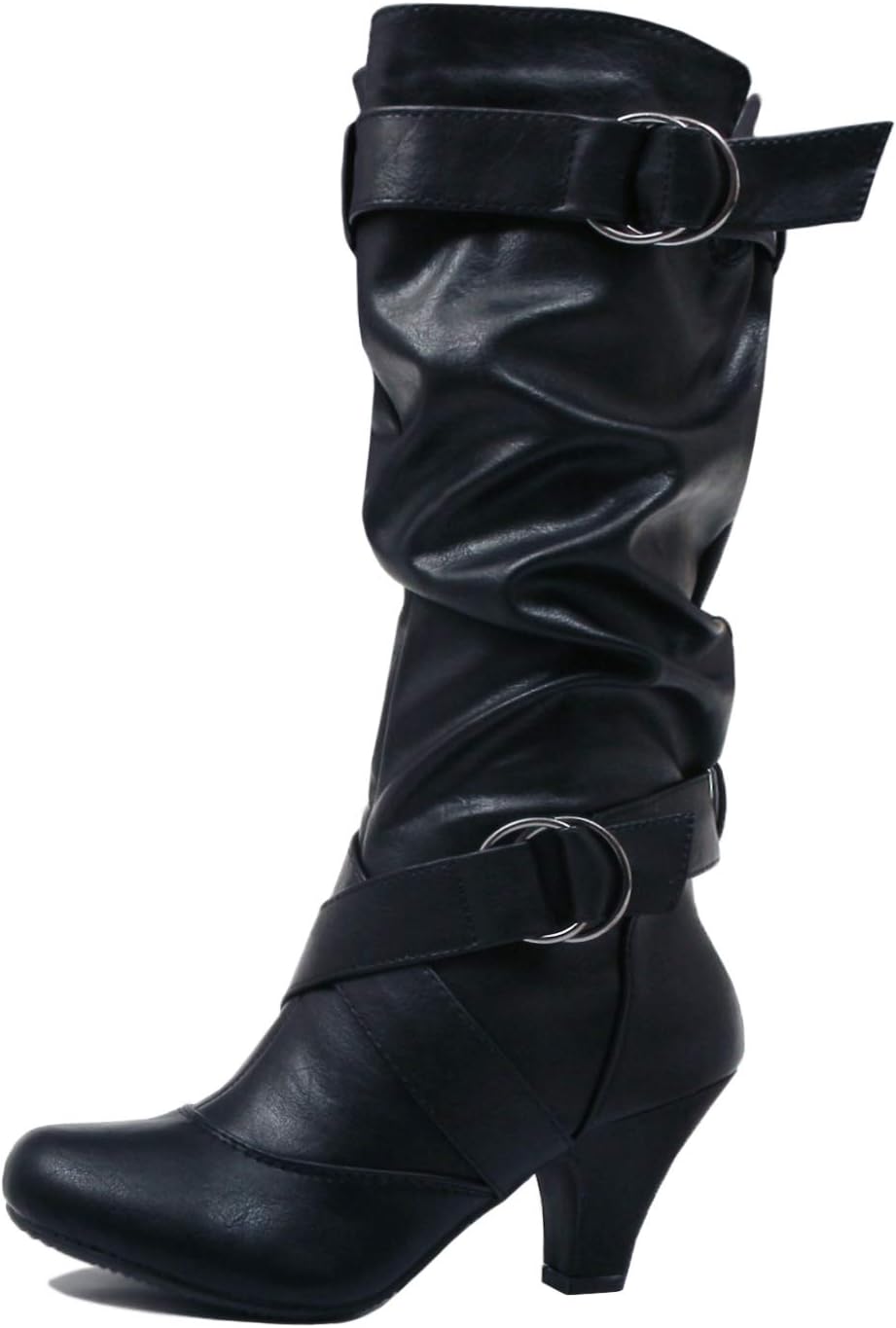 Guilty Heart - Womens Comfortable Winter Strappy Slouchy Buckle Low Heel Boots