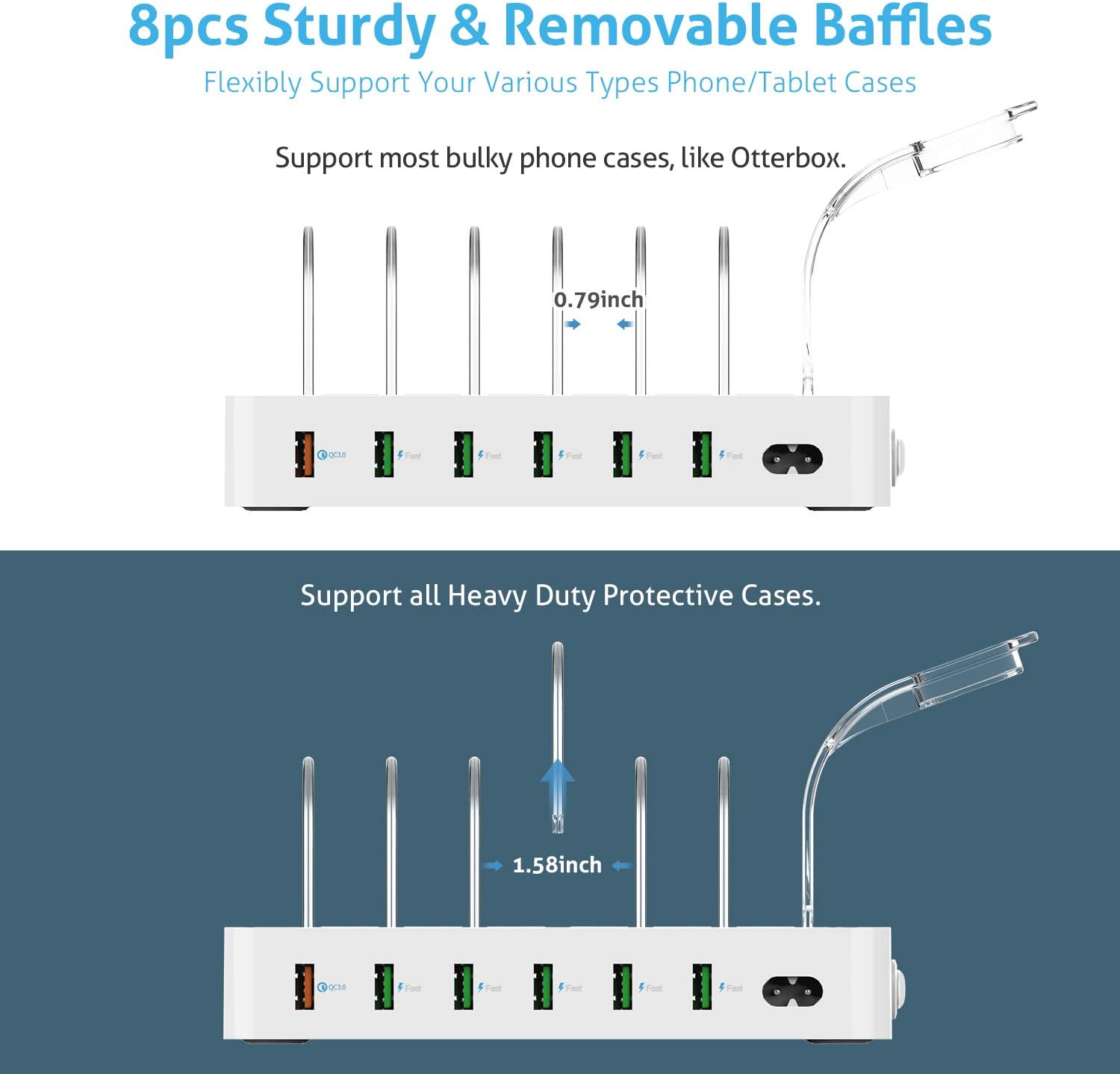 Soopii Quick Charge 3.0 60W/12A 6-Port USB Charging Station for Multiple Devices, 8 Short Charging Cables Included, I Watch Charger Holder,for Phones, Tablets, and Other Electronics,White