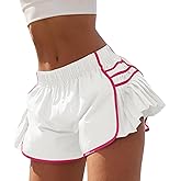 Fisoew Womens Workout Gym Shorts Running Pleated Contrast Stitch Elastic Waist Athletic Quick Dry Shorts