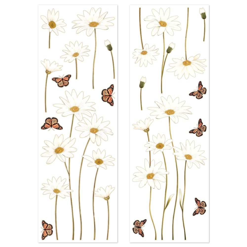 Peacoblue Reusable Window Static Clings Stickers Decal 30cm×90cm, 2 Sheets with 14PCS Daisy Patterns Removable Double Sided Window Sticker Cling Home Office Decor for Glass Windows Mirror