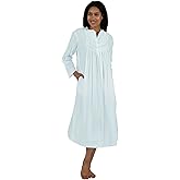 LA CERA Women's Long Sleeve Cotton Nightgown - Four-Button Placket, Scoop Neck, Lace Inset, Side Pockets, Machine Wash Cold