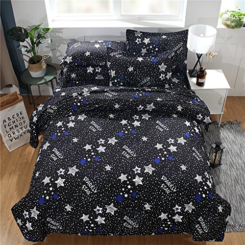 EsyDream Sparkle Star Universe Outer Space Galaxy Print Kids Bedding Cover Sets No Comforter,King Size 4PC/Set((1 Duvet Cover +1 Flat Bed Sheet+2 Pillowcase)