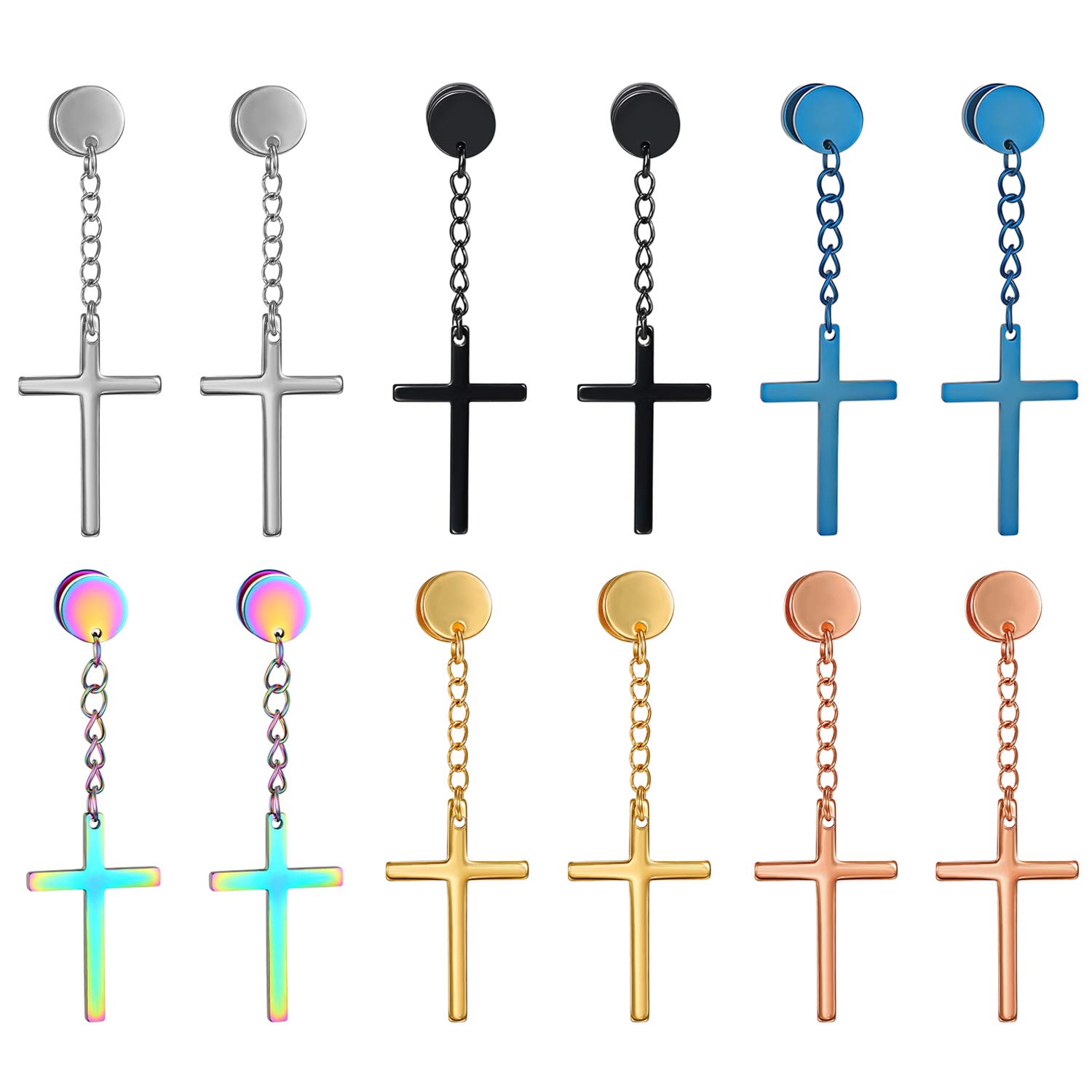 6 Pairs Stud Earrings with Cross Dangle for Men Women,Cupimatch Stainless Steel Cross Pierced Earrings Set, Screw Back