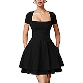 YMDUCH Women's Casual Square Neck Ruffle Hem Mini Dress Short Sleeve Short Party Dresses with Pockets