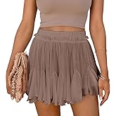 Women's Flowy Shorts Casual Linen Boho Ruffle Mini Skirts Pleated High Waist Cute Butterfly Skorts with Pockets Summer Trendy-Camel XL
