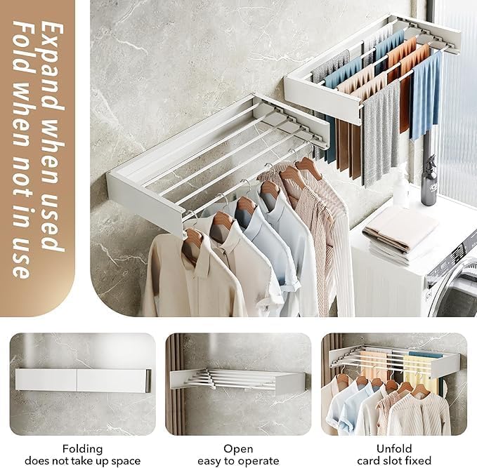 Wall Mounted Drying Rack, Laundry Clothes Drying Racks Foldable, Collapsible Drying Rack Clothing Wall Mount, Wall Template for Indoor Outdoor Hanging Clothes, 5 Rods, 31.5 Inch