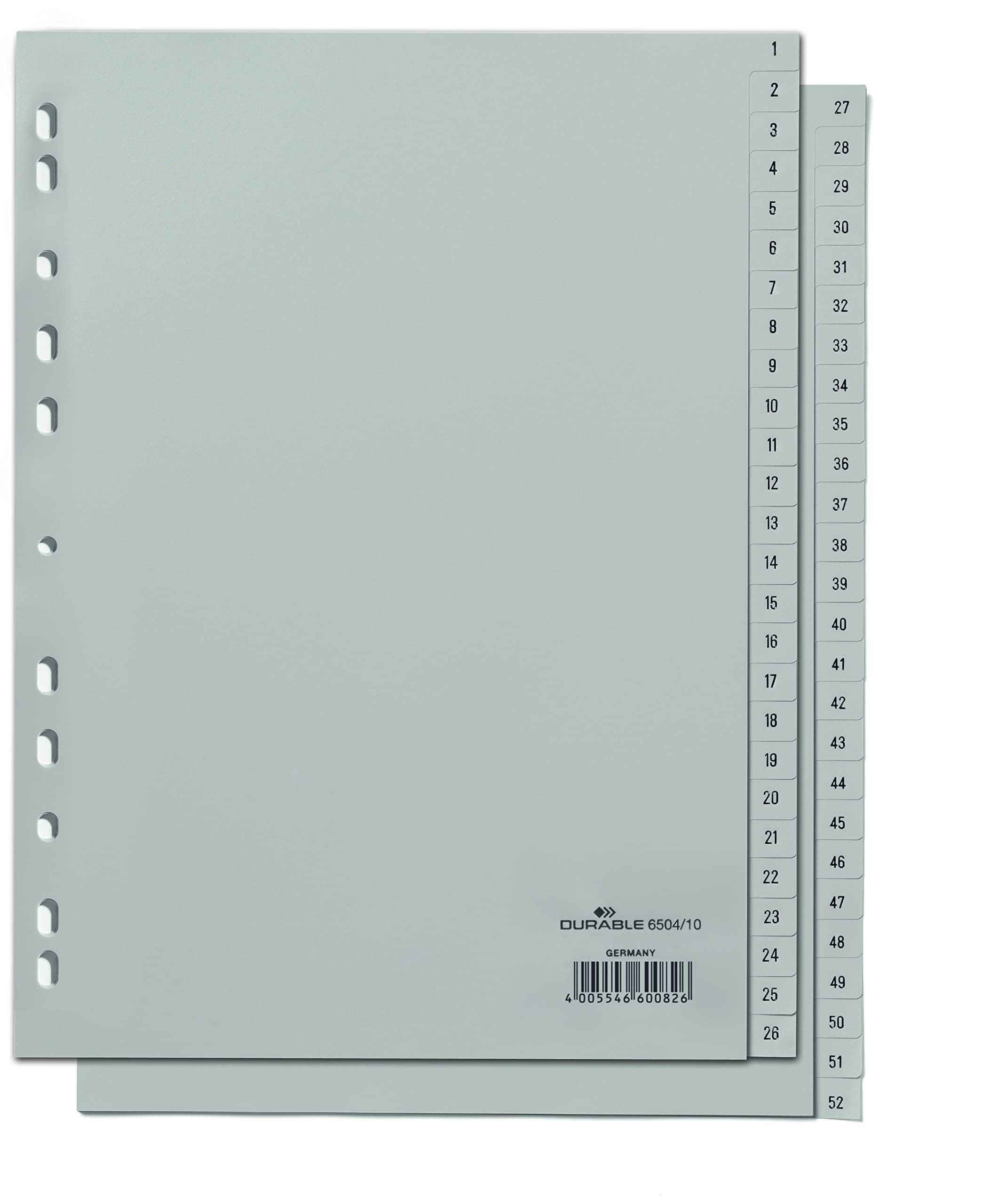 Durable 1-52 Polypropylene Index Dividers | A4 Portrait Full Covering | Pack of 1 Dividers | Grey | Made in Germany — image 1