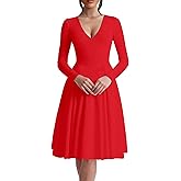 Kaximil Women's Long Sleeve V Neck A Line Elegant Midi Dress Ruffle Flowy Wedding Guest Party Cocktail Dresses