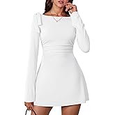 Aprilake Women's Long Sleeve Boat Neck Bodycon Ruched Elegant Bow Tie Party Mini Dress