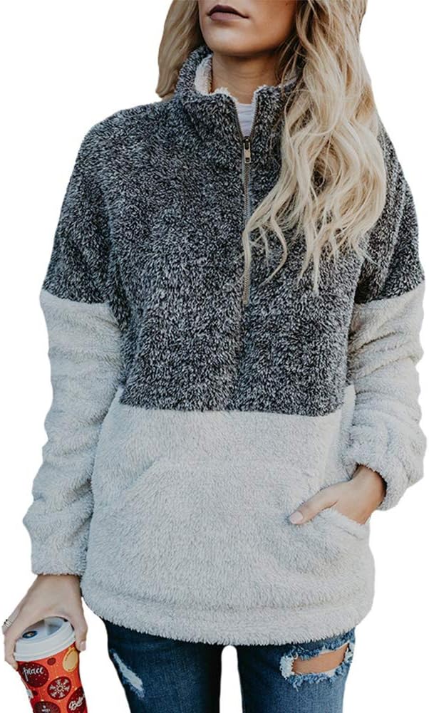 Perfashion Women's Pullover Comfy Sherpa Sweatshirt Long Sleeve Zipper Soft Fleece Cozy Tops Outwear