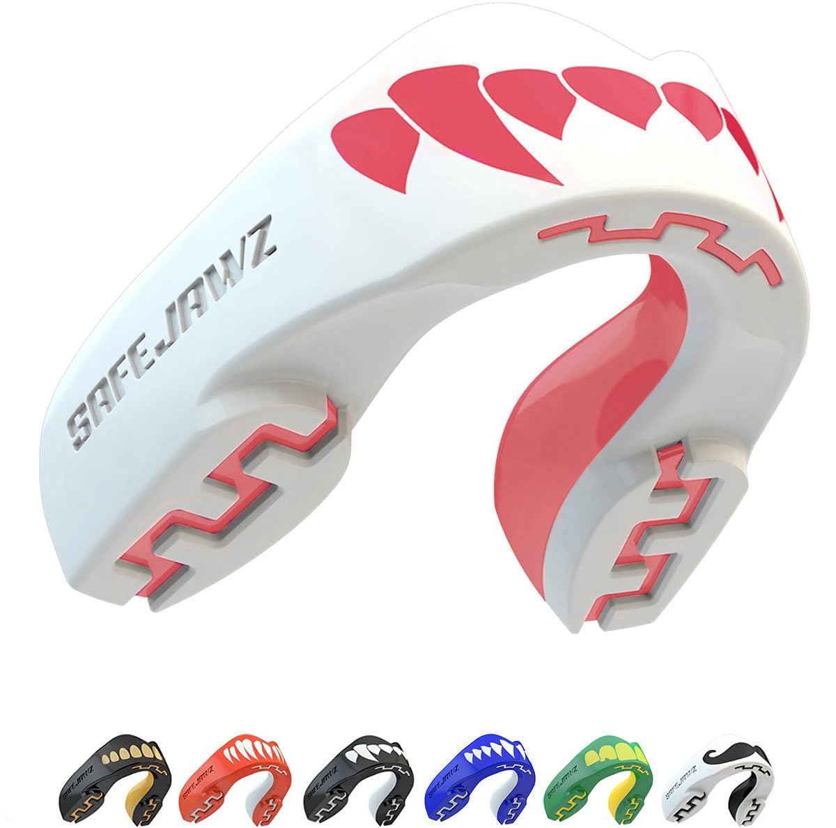 SAFEJAWZ Mouth Guard, Dual Layer Gum Shield for Adults with Case, Easy Fit Remouldable Gumshield for Rugby, Boxing, MMA, Hockey & All Contact Sports (Adult 12+ Years, Pink Fangz White) — image 1