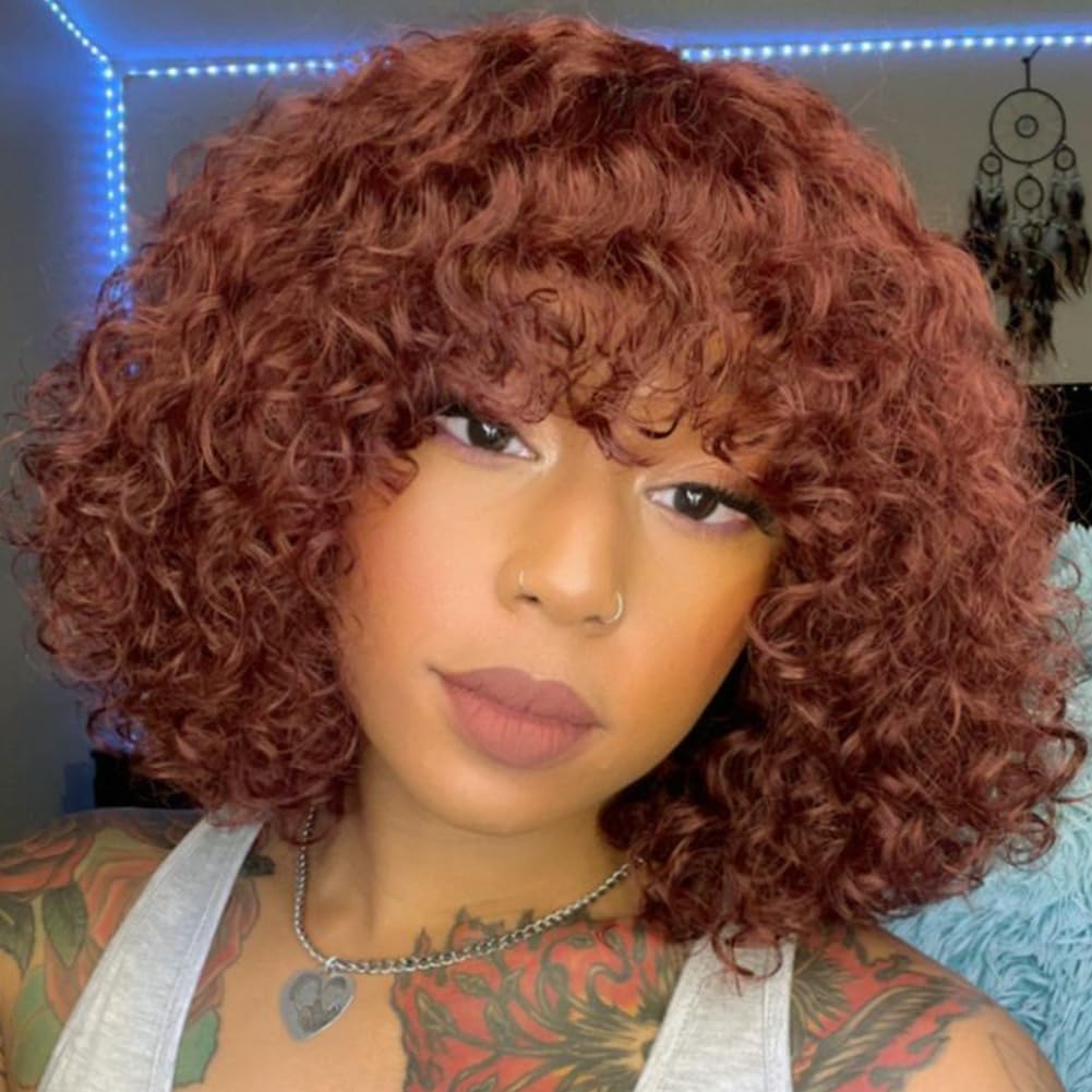 JOEDIR HAIR Short Curly Wig with Bangs Human Hair for Women Reddish Brown 10 inch Short Water Wave Bob Wig 150% Density Glueless Wig (Color: 33A)