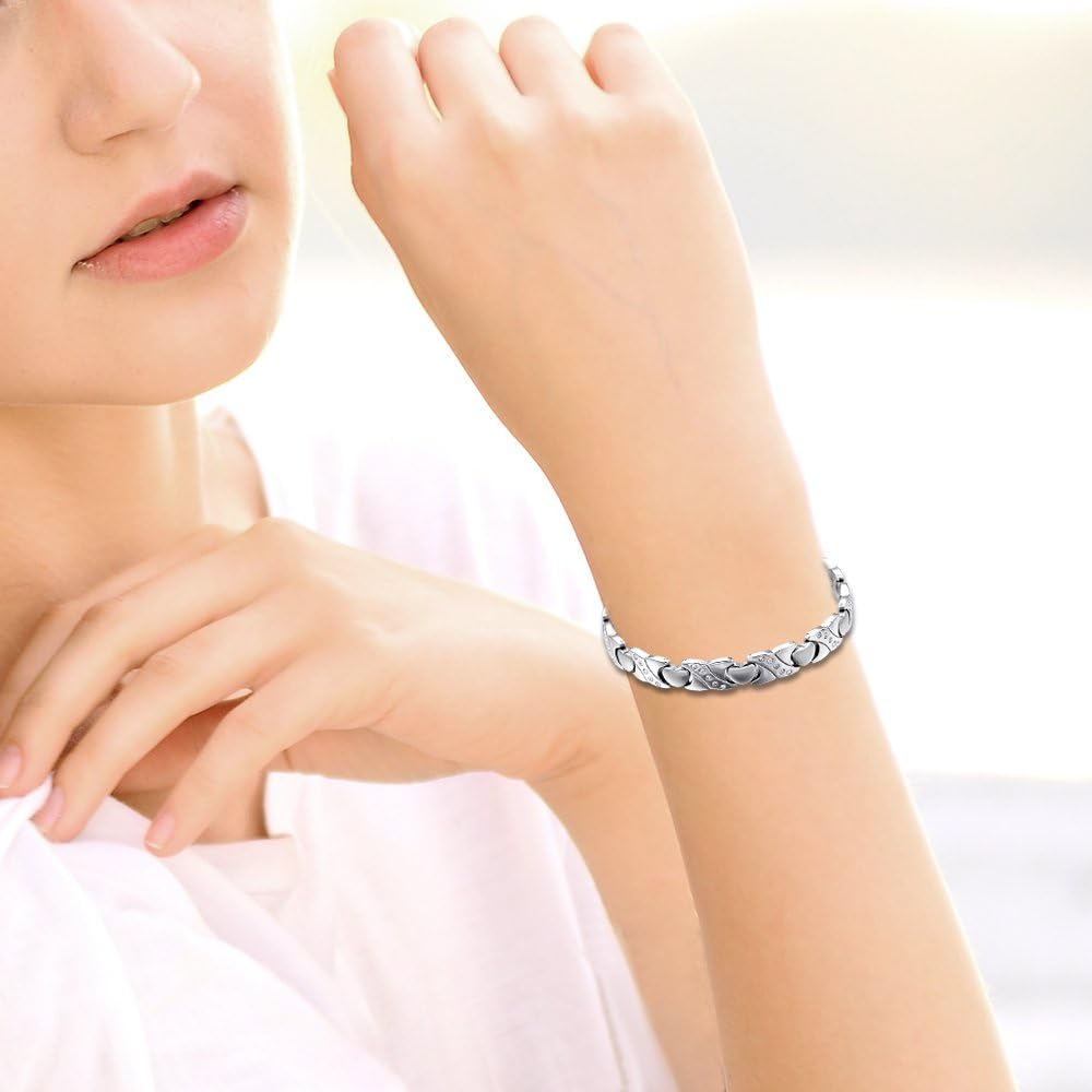 Oidea Womens High Polished Stainless Steel Heart Charm Healthy Magnetic Bracelet,Shiny CZ Inlaid,8.6 Inch - Image 5