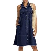 loveimgs Women Casual Sleeveless Denim Halter Dress Button Down Short A Line Shift Jean Shirt Dress Distressed Pockets