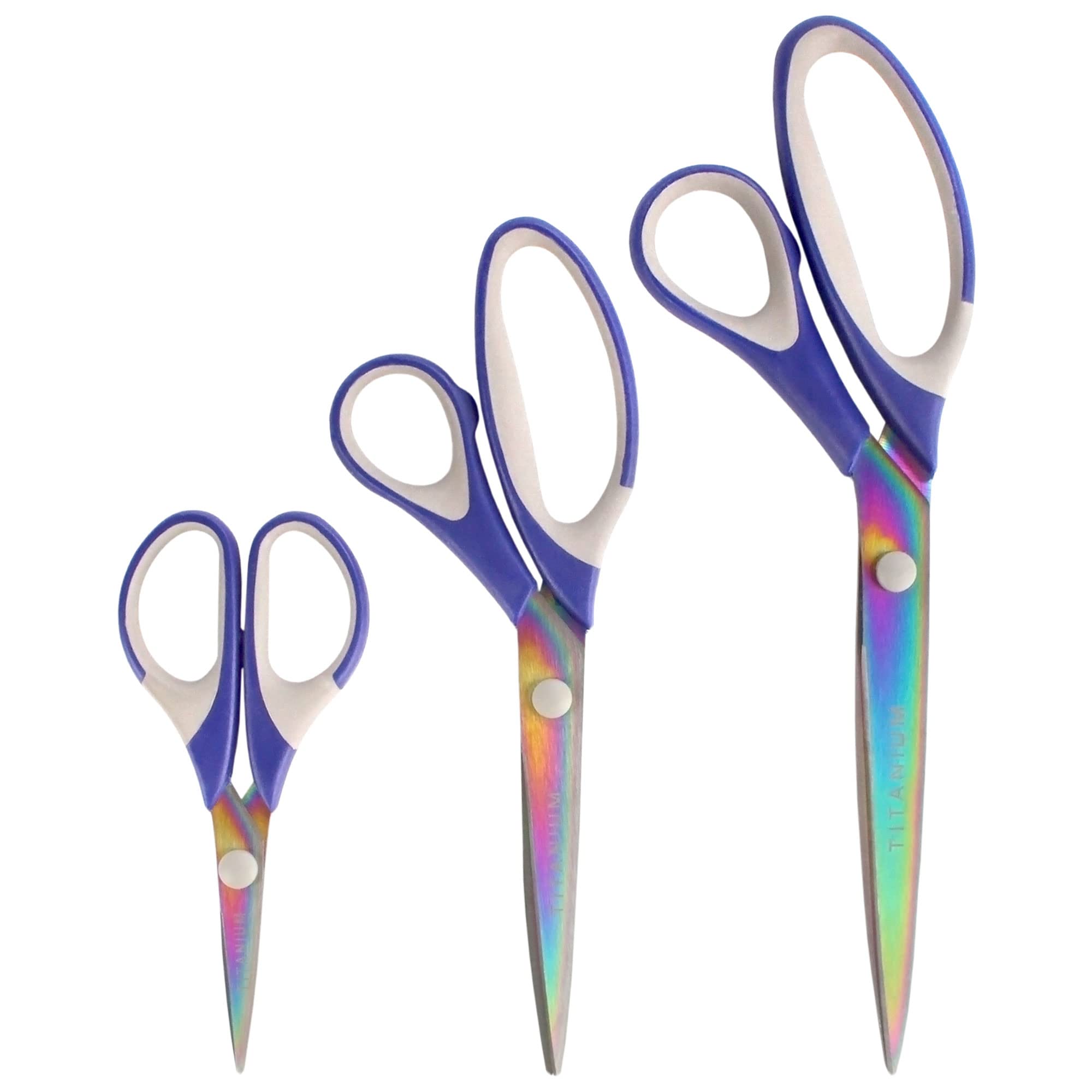 BambooMN Titanium Softgrip Scissors Set for Sewing Arts Crafts Office - Jubilee Yarn - 1 Set of 3 - Blue