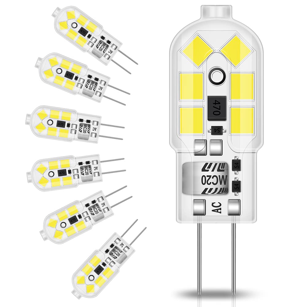 Tailcas G4 LED Light Bulbs Cool White 6000K, 1.2W 12V AC/DC, 10W Halogen Equivalent, No Flickering & Energy Saving, Bi Pin Base, Not Dimmable, Pack of 6