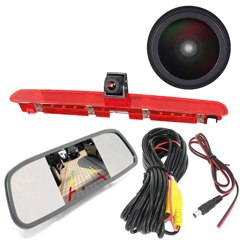 HD IP68 1280 Pixel Reversing System Brake Light Reversing Camera Roof Camera Parking Aid with Angle Adjustable Night Vision Compatible with V W T6 Caravelle Bus Transporter MPV SUV + Rear View Mirror